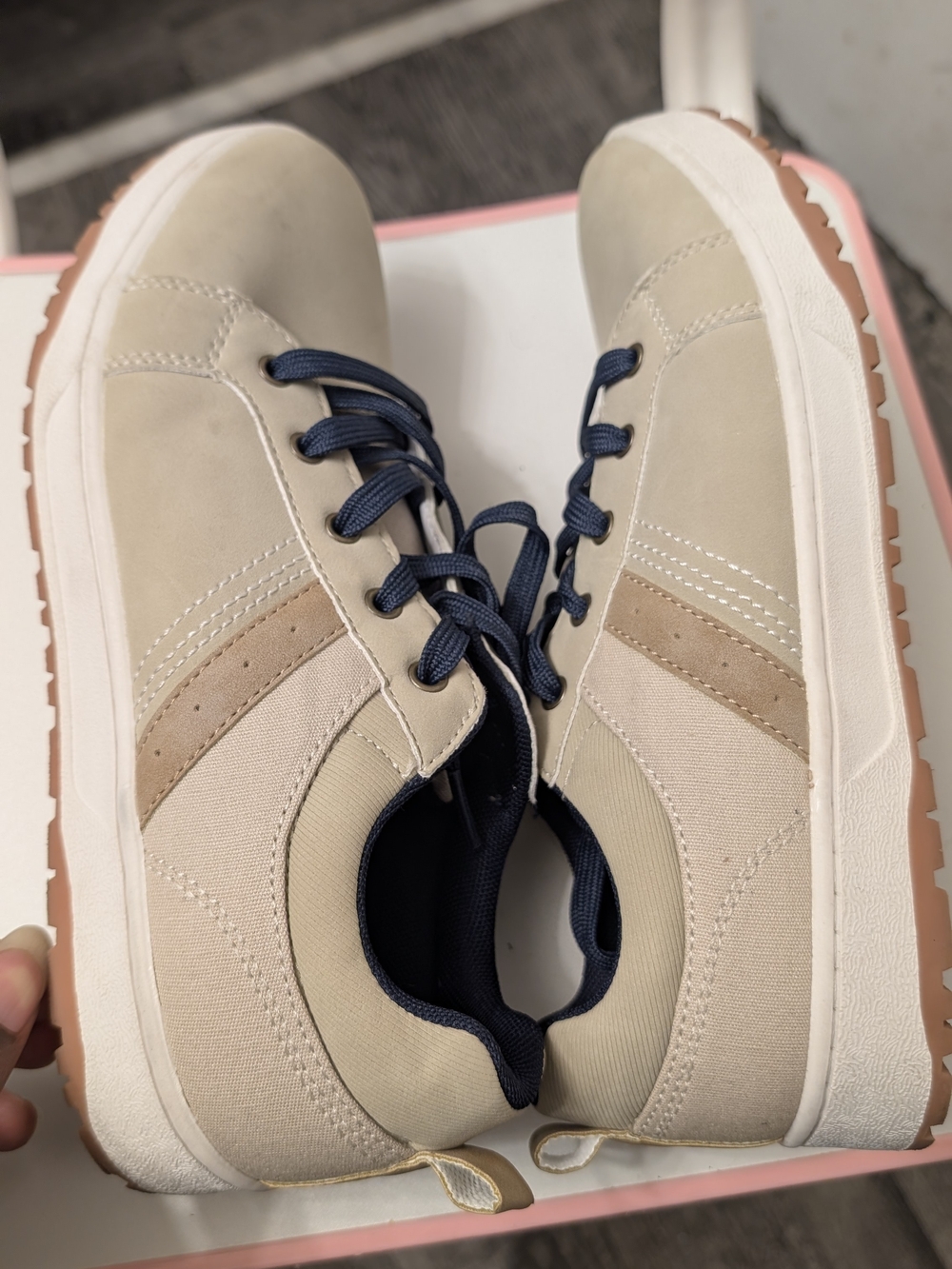 Casual Women's Beige Skate Sneakers with Navy Laces